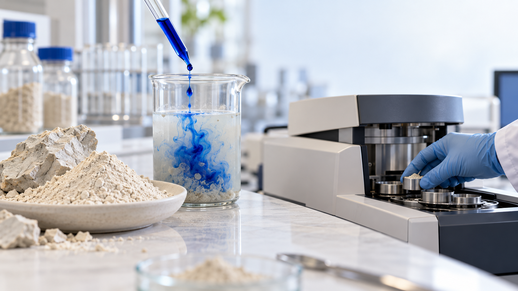 Bentonite sample and methylene blue adsorption test used to compare clay grades