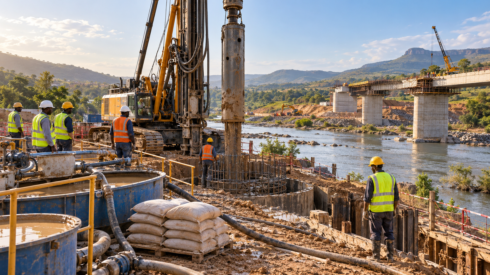 Civil engineering bentonite being prepared as a support slurry for a drilled foundation